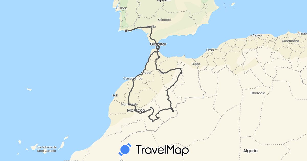 TravelMap itinerary: driving, boat, motorbike in Spain, Morocco, Portugal (Africa, Europe)