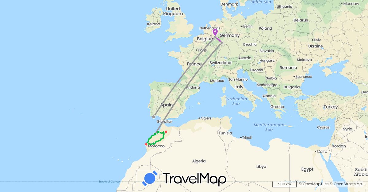 TravelMap itinerary: driving, bus, plane, train, hiking in Germany, Morocco, Portugal (Africa, Europe)